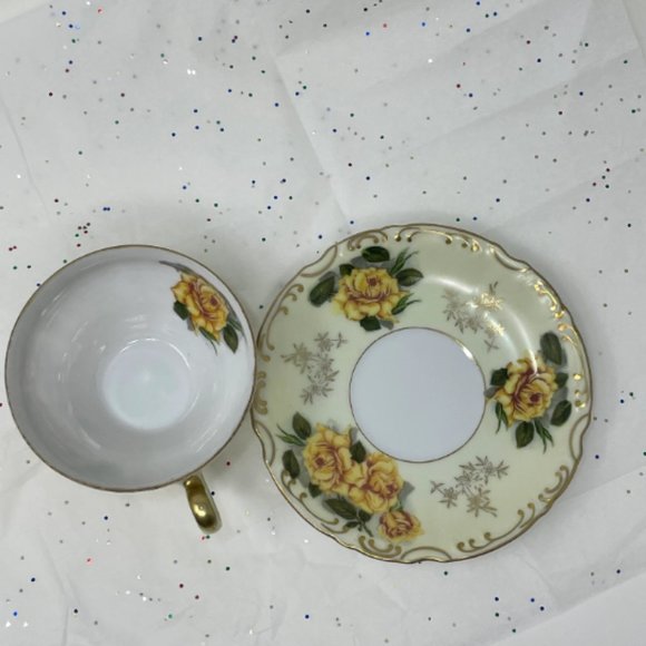 Vintage Lefton China Yellow Floral Peek a Boo Luster Wear Footed Teacup Saucer - Picture 7 of 10